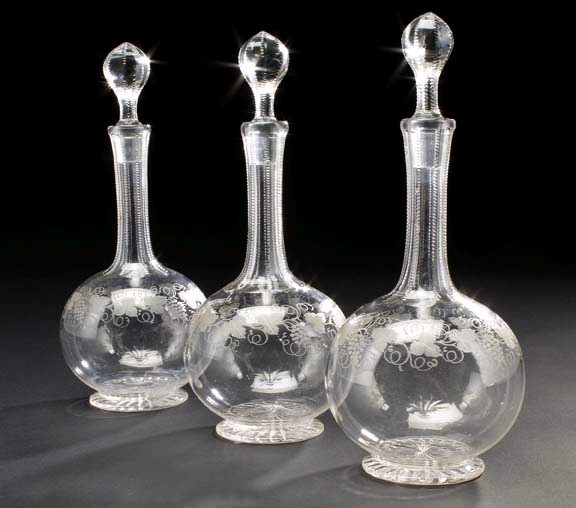 Appraisal: Trio of Edwardian Blown Cut and Vintage -Engraved Glass Liqueur