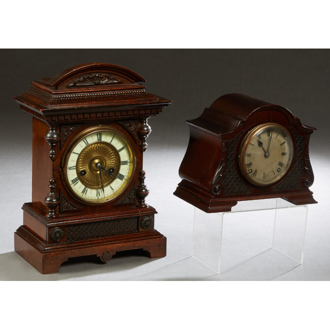 Appraisal: Two Carved Mahogany Mantel Clocks one a day strike by