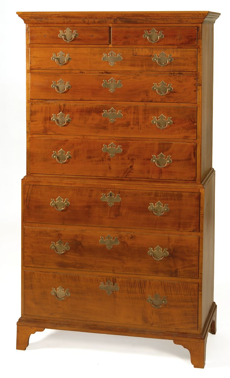 Appraisal: ANTIQUE AMERICAN CHIPPENDALE CHEST-ON-CHEST In tiger maple with molded cornice