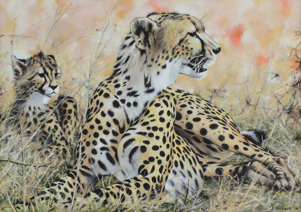 Appraisal: ILLEGIBLY SIGNED S AFRICAN CHEETAH FAMILY PAINTING Oil Canvas ''