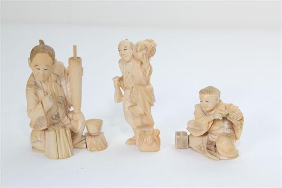 Appraisal: THREE ORIENTAL IVORY CARVINGS A traveler h A boy weaving