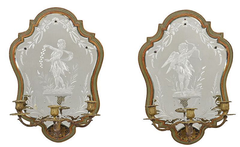 Appraisal: Pair Venetian Mirror Back Three Arm Sconces Continental th century