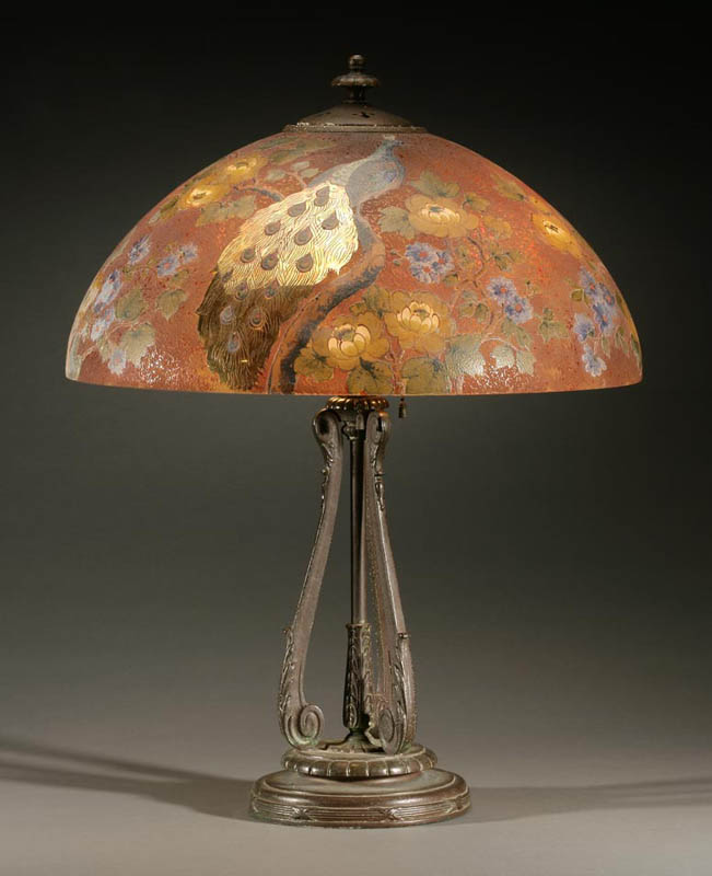 Appraisal: A Handel bronze chipped glass peacock lamp A Handel bronze