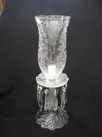 Appraisal: Elegant Crystal Hurricane Lamp etchedglobe teardrop prisms '' tall excellent