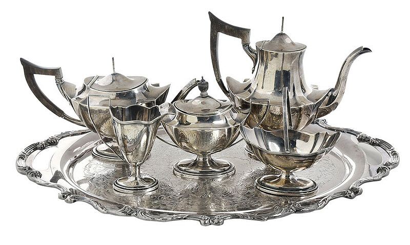 Appraisal: Five Piece Sterling Tea Service Silver Plate Tray American th