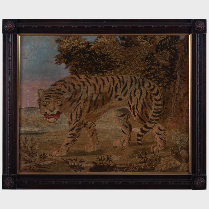 Appraisal: Woolwork Picture of a Tiger in a Landscape x in