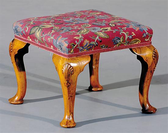 Appraisal: Queen Anne style carved walnut footstool circa brocade-covered seat on