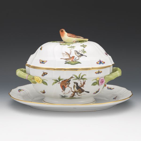 Appraisal: HEREND PORCELAIN TUREEN AND PLATTER ROTHSCHILD BIRDS x x tureen