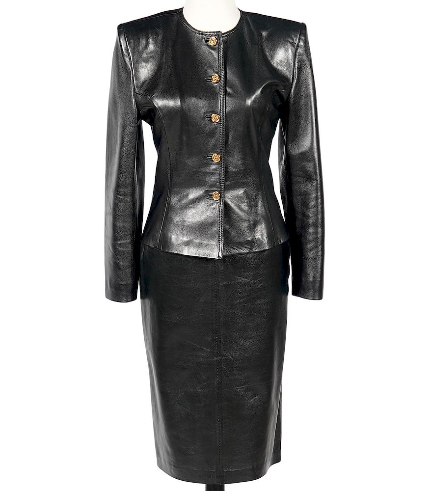 Appraisal: Loewe Black Lambskin Leather Skirt Suit Size Loewe Black Lambskin