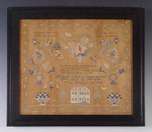 Appraisal: SAMPLER DATED BY FANNY ESHELMAN Showing house trees birds fruit