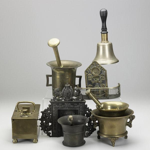 Appraisal: METAL GROUPING Eight pieces include three brass mortars and pestles