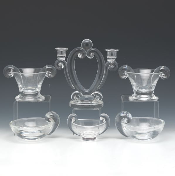 Appraisal: SIX STEUBEN GLASS TABLE ARTICLES Including two double handled bowls