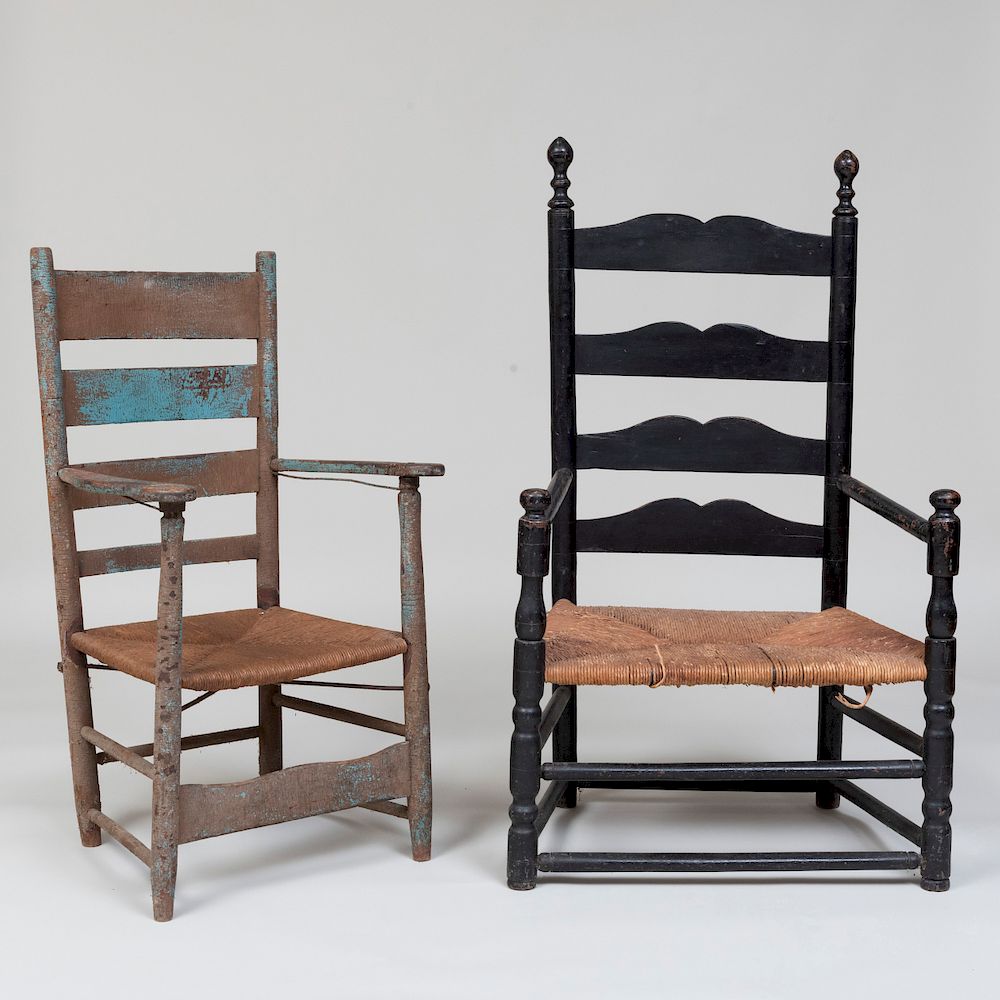 Appraisal: Two Painted Ladder Back Armchairs Both with rush seats The