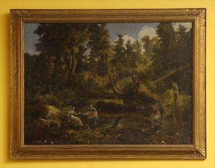 Appraisal: EUROPEAN SCHOOL LANDSCAPE WITH FIGURES BY A STREAM Oil on