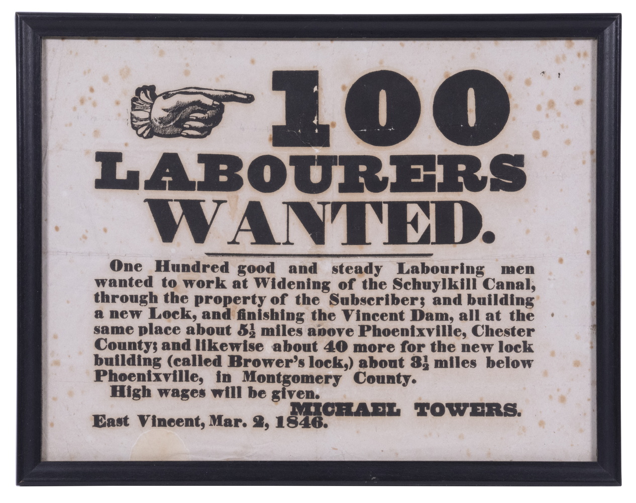 Appraisal: LABORERS BROADSIDE FRAMED Wanted Laborers for the widening of the