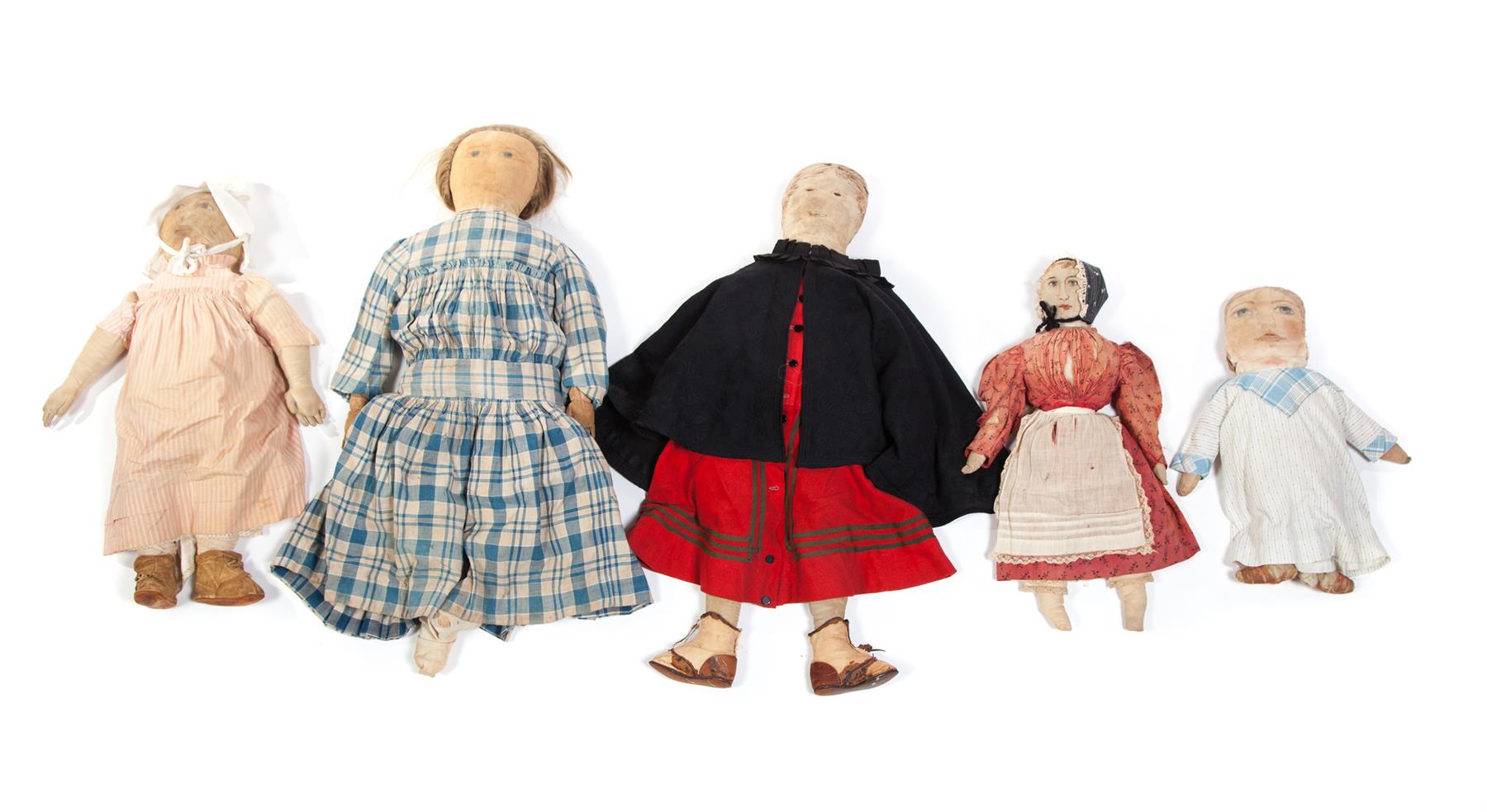 Appraisal: FIVE CLOTH DOLLS American late th-early th century Inked and