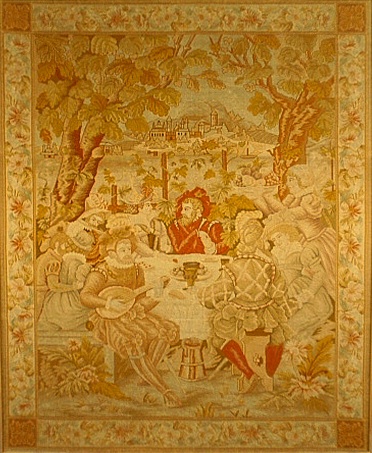 Appraisal: - Large framed Continental tapestry with medieval figures seated around