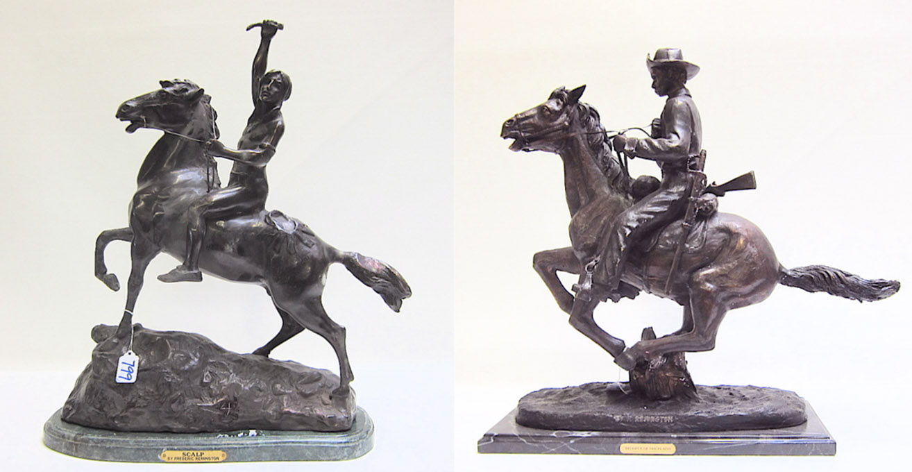 Appraisal: TWO WESTERN BRONZE HORSE AND RIDER SCULPTURES after Frederic Sackrider