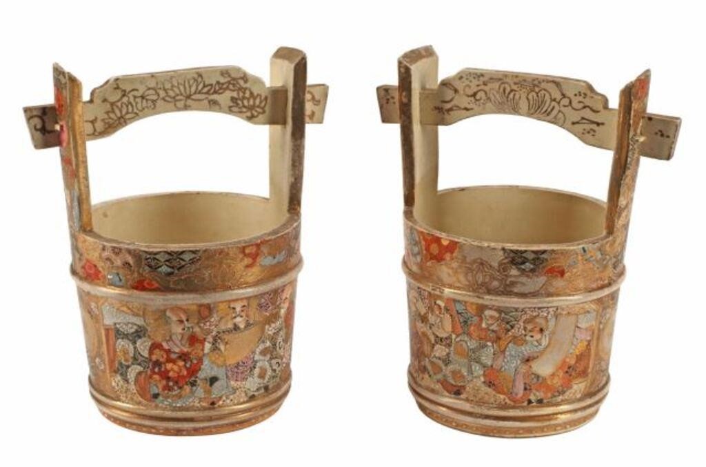 Appraisal: pair Japanese Satsuma water bucket-form vases planters Meiji period -