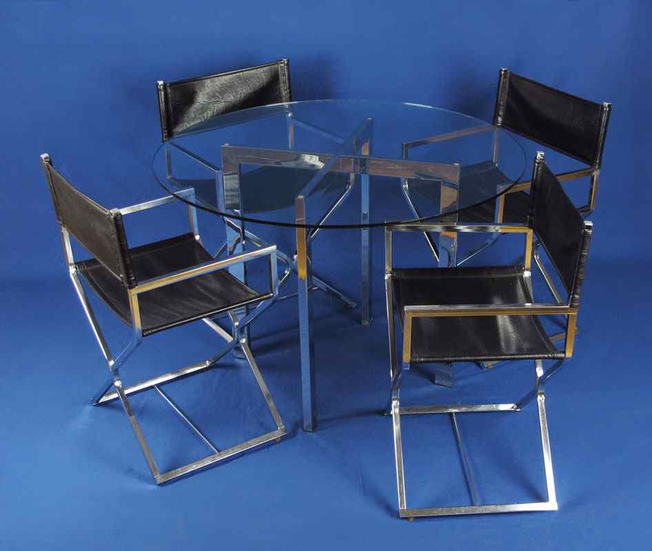 Appraisal: 'S CHROME AND GLASS TOP DINING TABLE AND LEATHER CHAIRS