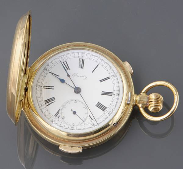 Appraisal: A hunter cased quarter repeating chronograph signed Trusty Gilt keyless