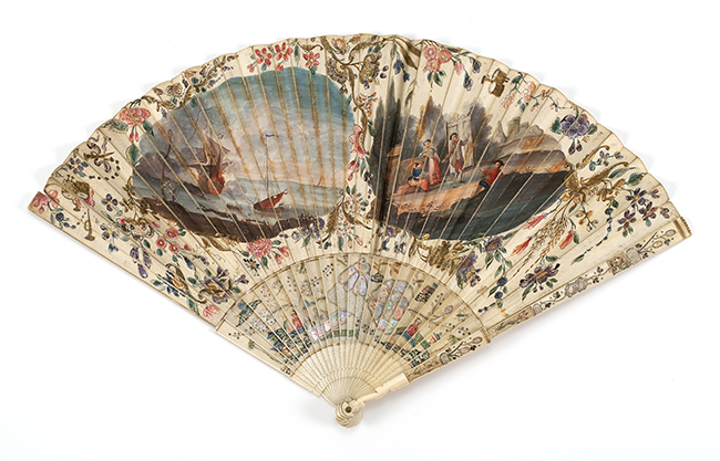 Appraisal: PAINTED VELLUM AND INLAID IVORY FOLDING FAN Continental th CenturyTwo