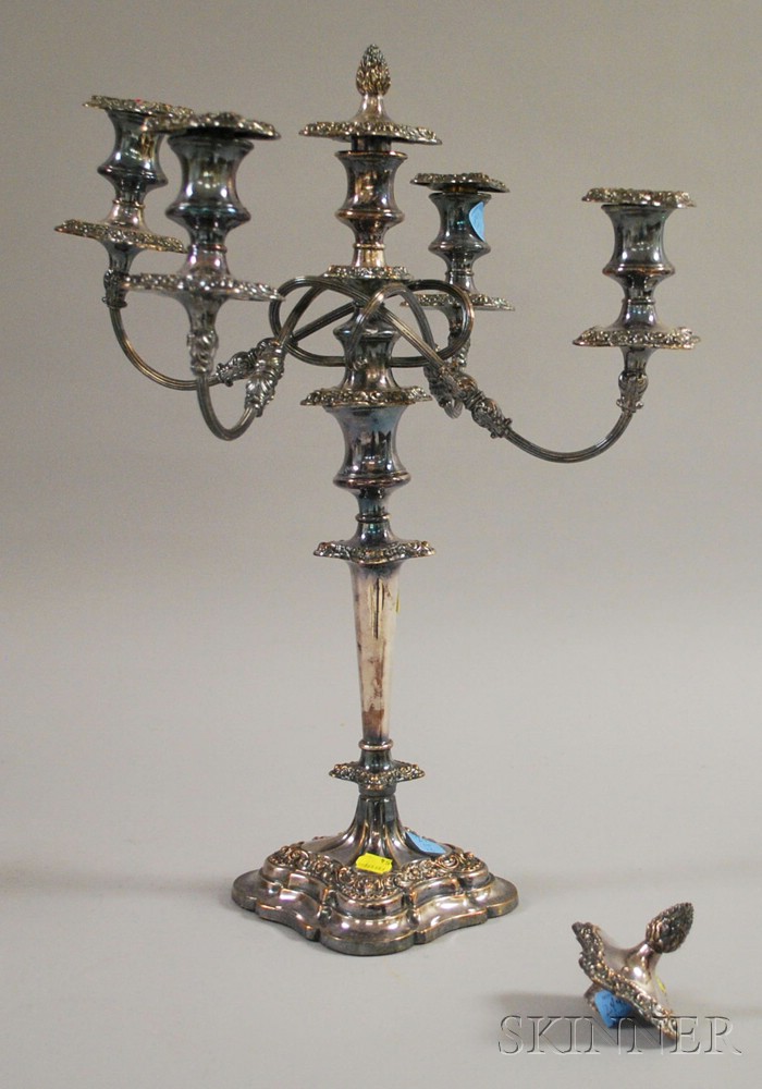 Appraisal: Silver Plated Five-Light Weighted Candelabra with two flame finial caps