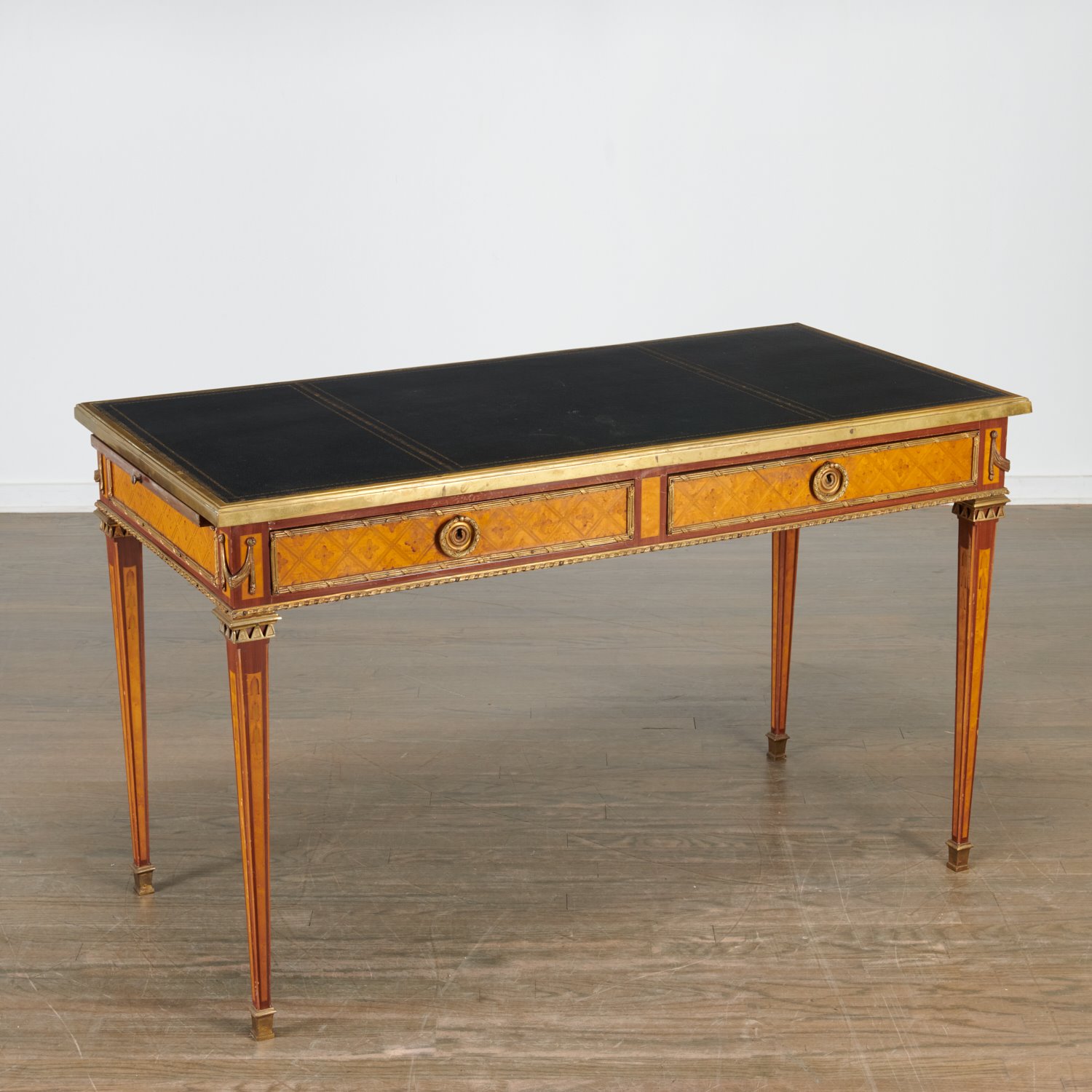 Appraisal: LOUIS XVI STYLE PARQUETRY INLAID BUREAU PLAT th c gilt-tooled