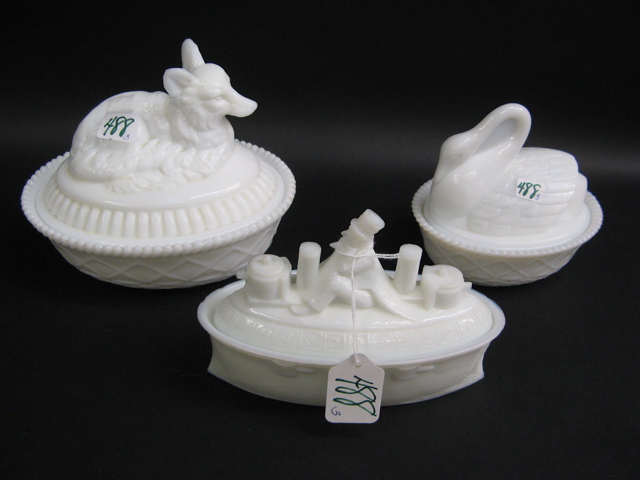 Appraisal: THREE WHITE MILK GLASS COVERED DISHES the Fox cover dish