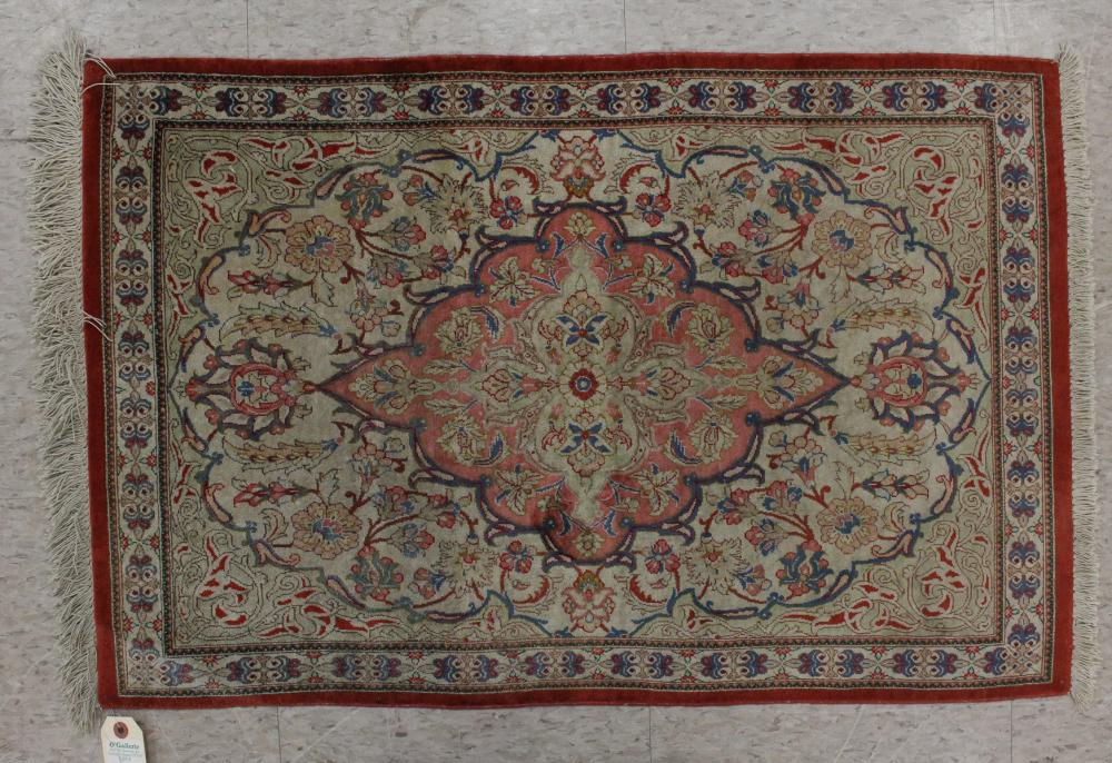 Appraisal: HAND KNOTTED SILK RUG Indo-Persian floral and central floral medallion