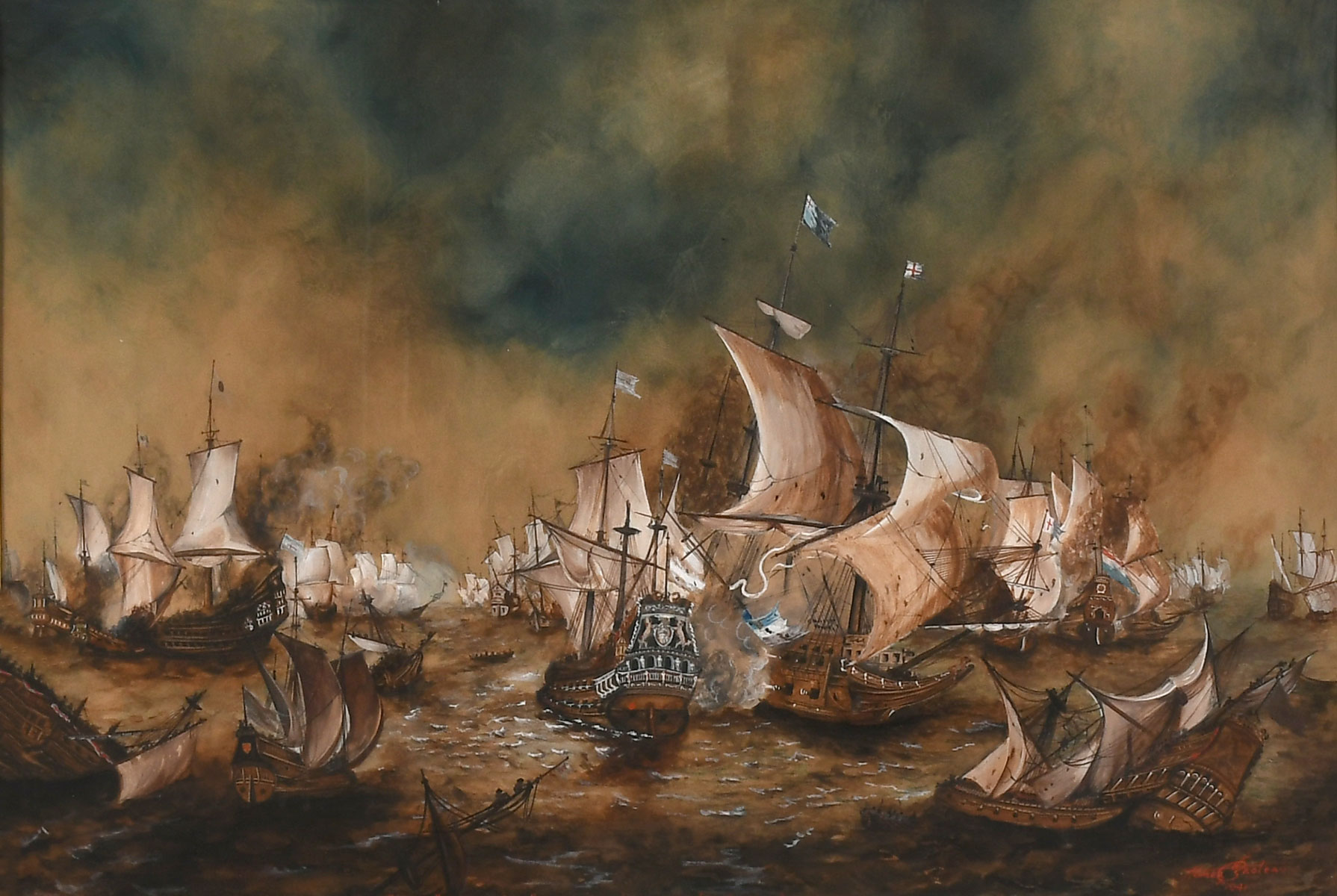 Appraisal: MARITIME BATTLE PAINTING DEPICTING A SCENE OF SEA FIGHTING BETWEEN