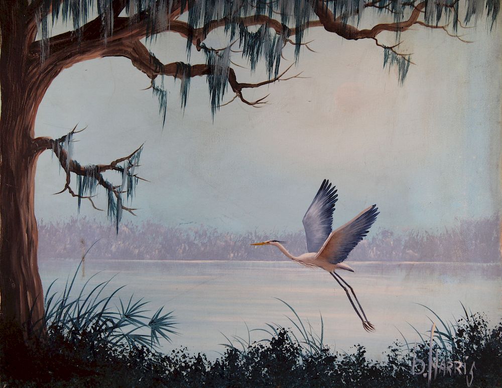 Appraisal: Signed th C Florida Landscape w Egret Signed th C