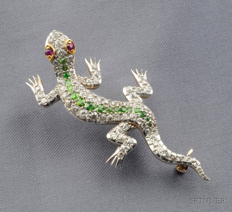 Appraisal: Edwardian Demantoid Garnet and Diamond Lizard Brooch with old European