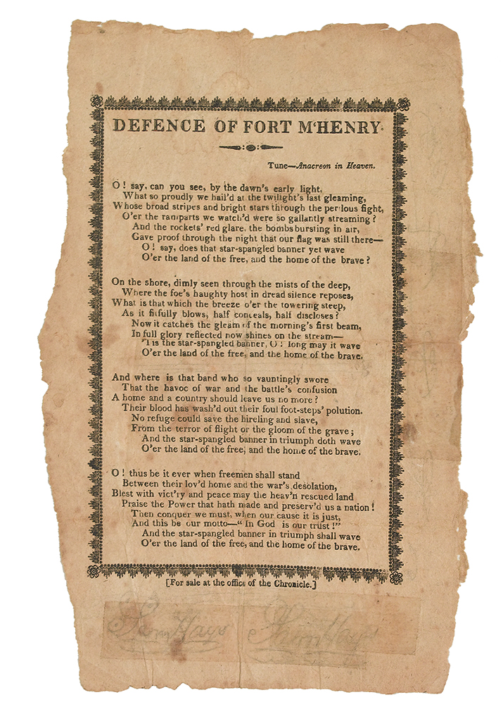 Appraisal: EARLY BROADSIDE PRINTING OF THE STAR-SPANGLED BANNER WAR OF Key