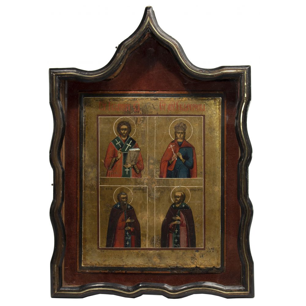 Appraisal: RUSSIAN ORTHODOX FOUR IMAGE ICONEgg tempura on gessoed wood panel