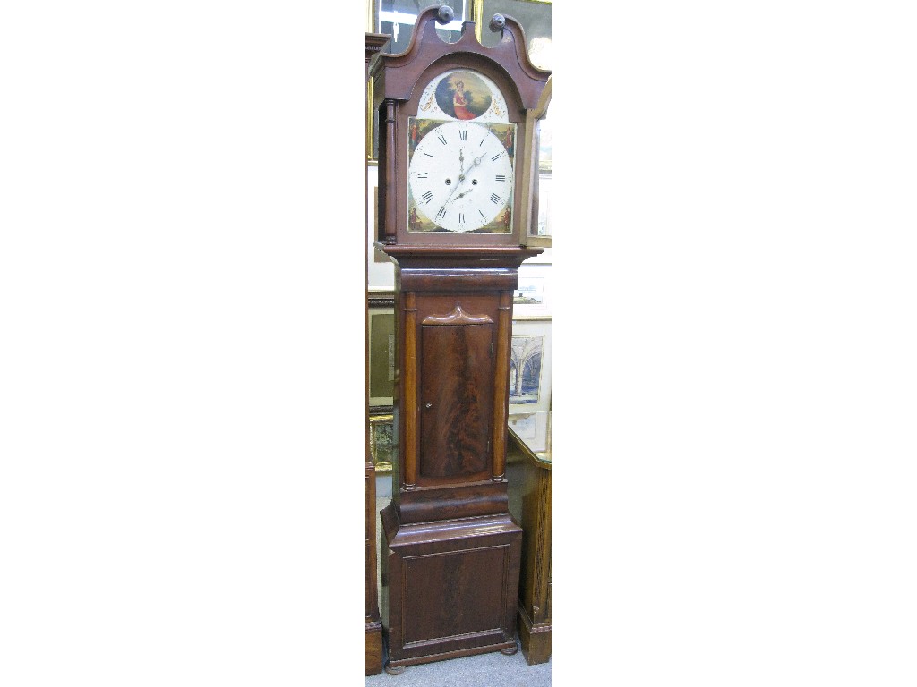 Appraisal: Mahogany longcase clock with broken swan neck pediment and painted