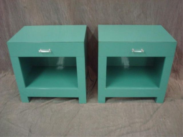 Appraisal: Pair of Turquoise Lacquered End Tables Each table has drawer