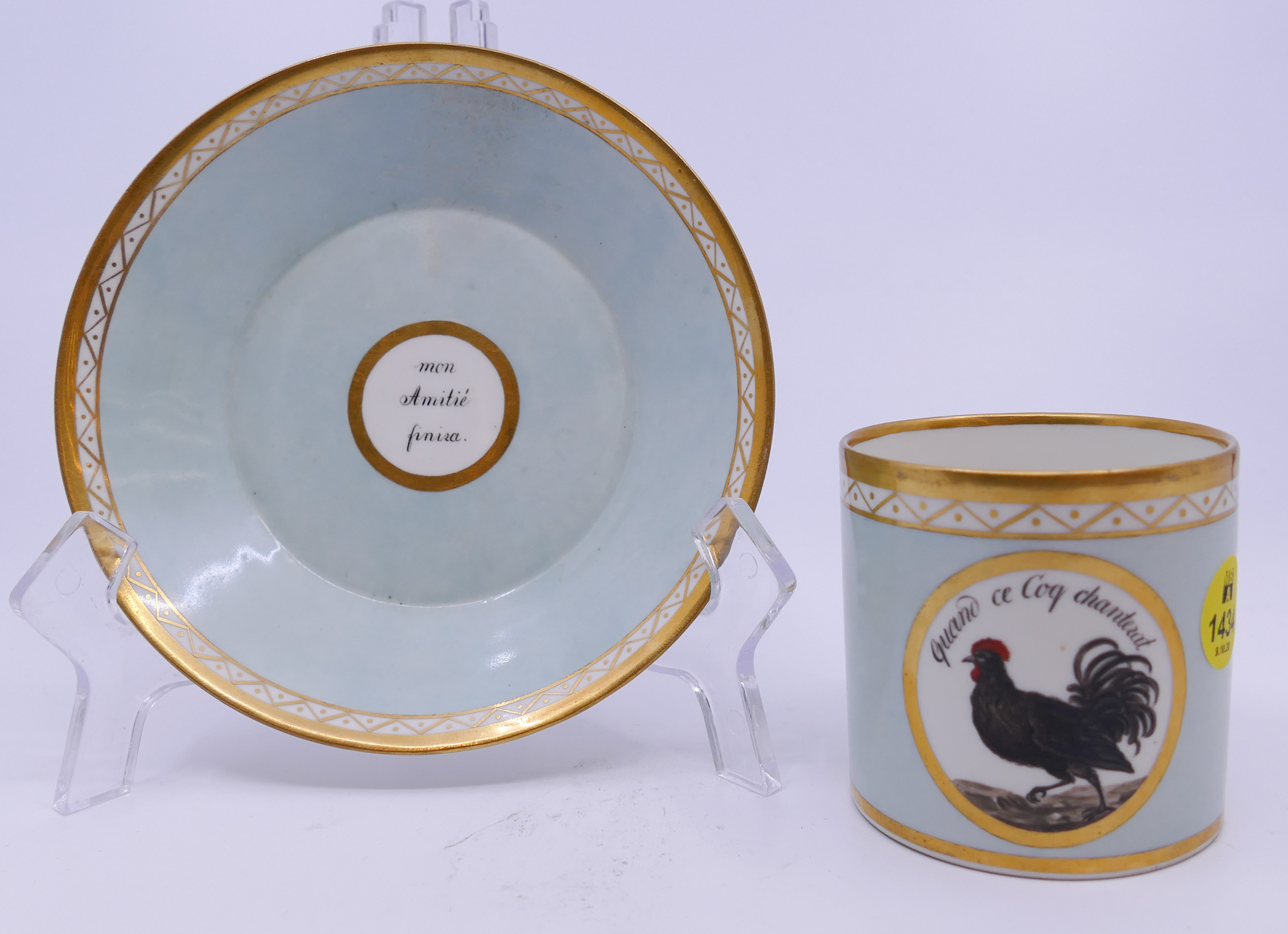 Appraisal: Antique French Rooster Cup Saucer with inscription 'quand ce coq