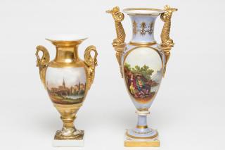 Appraisal: Old Paris Porcelain Urns w Animal Handles Painted Old Paris