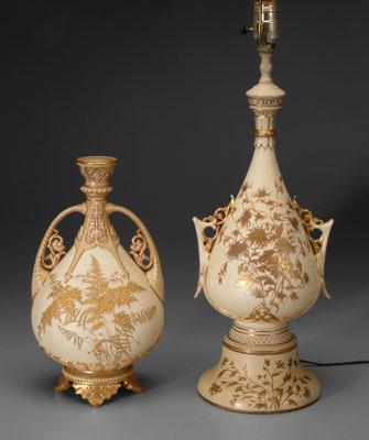 Appraisal: Royal Worcester ceramic lamp vase both gilt on ivory ground