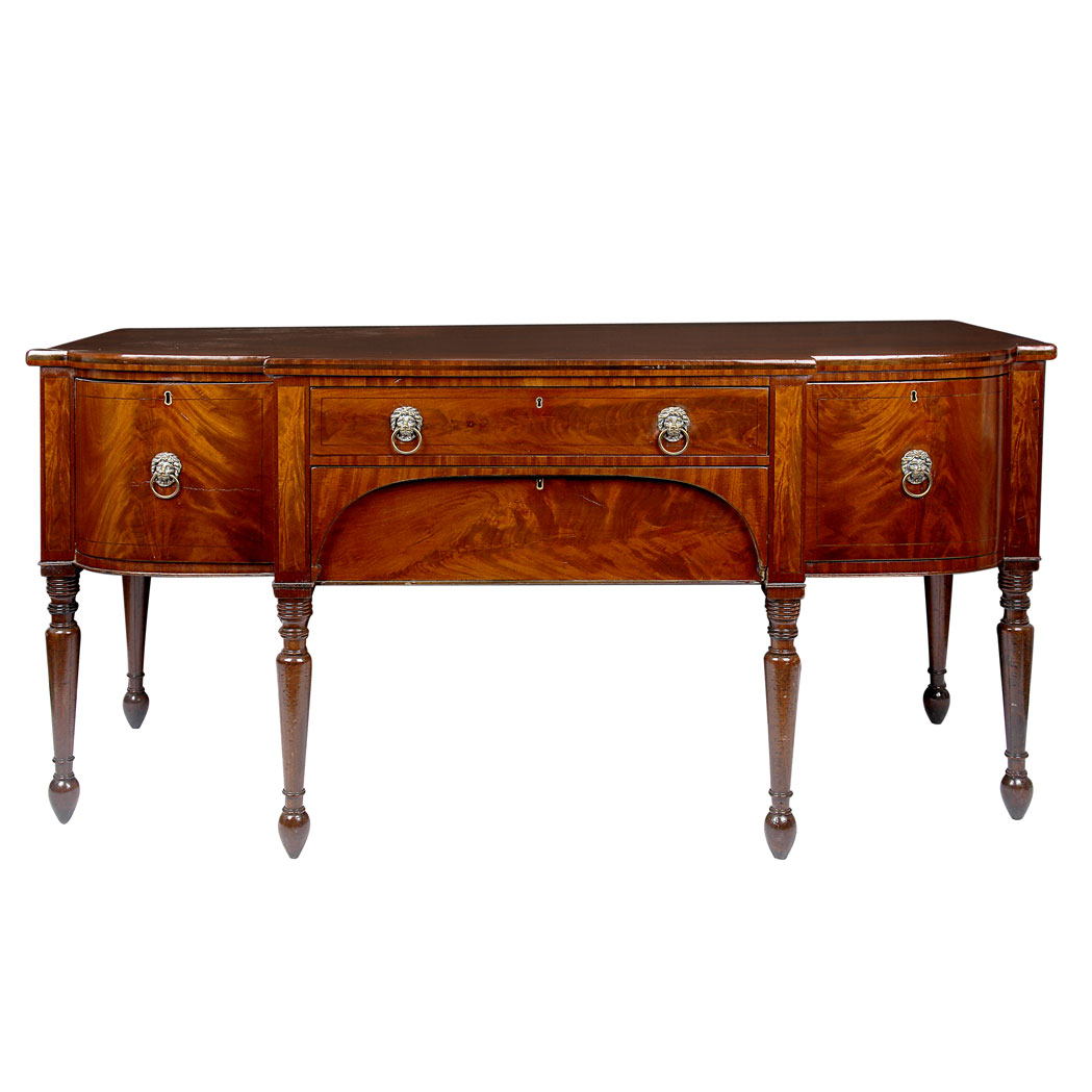 Appraisal: Regency Line Inlaid Mahogany Sideboard Circa The D-shape top above