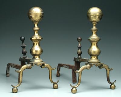 Appraisal: Pair Federal brass andirons baluster turned posts below banded ball