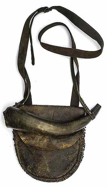 Appraisal: Leather Hunting Bag and Powder Horn With two rows of