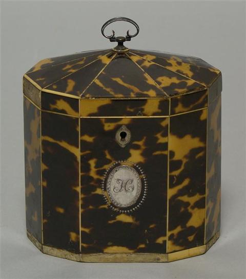 Appraisal: FINE TEN-SIDED TORTOISE-VENEERED TEA CADDY The ten-sided oval tea caddy