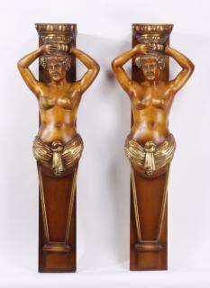 Appraisal: Pair of carved term figure pilasters h Pair of carved