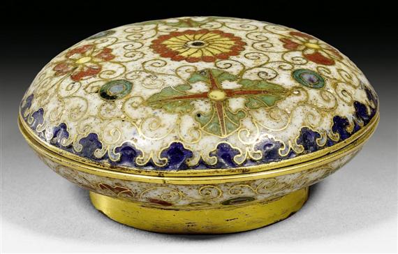 Appraisal: A ROUND CLOISONN BOX WITH FLOWERS ON WHITE GROUND China