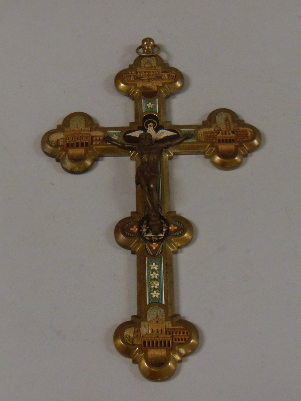 Appraisal: Italian Micromosaic-inset Brass Crucifix lg in