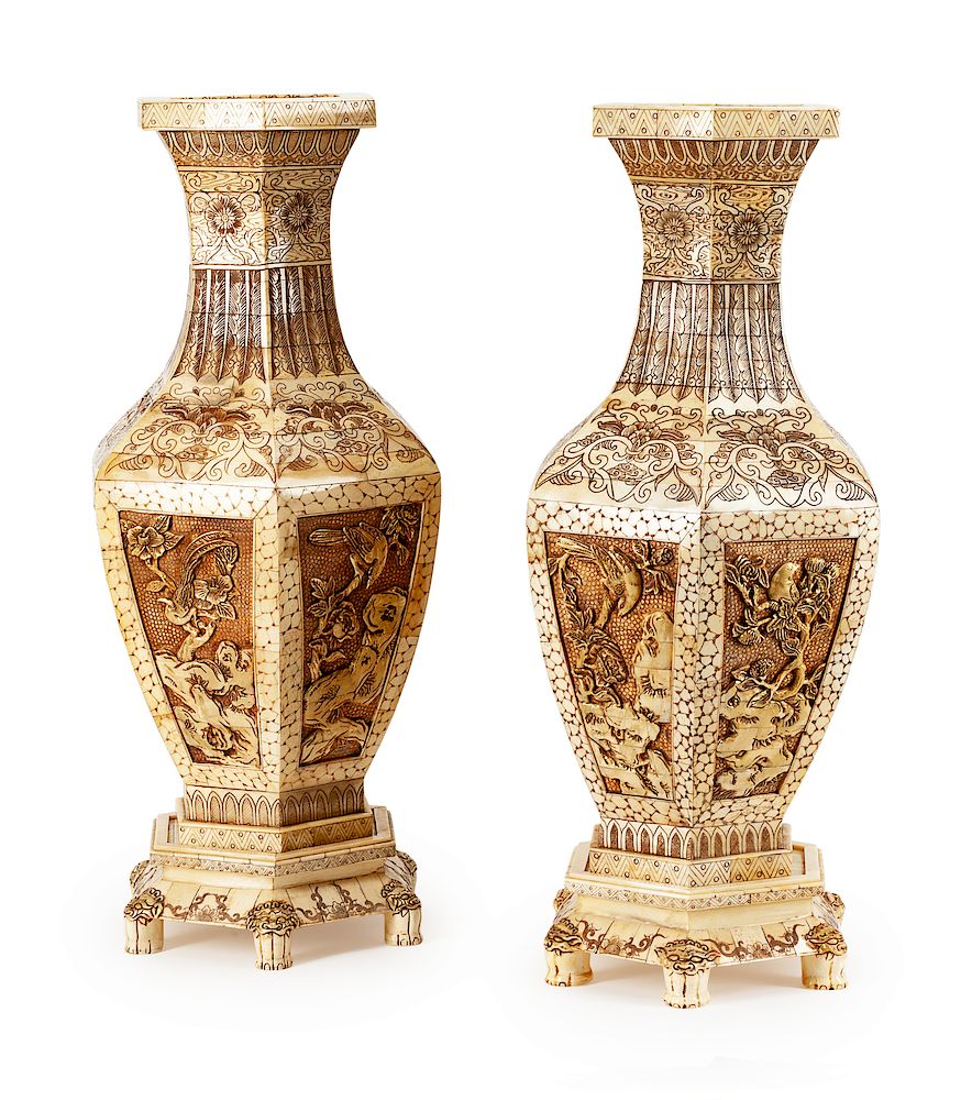 Appraisal: A Pair of Chinese Enameled Bone Hexagonal Vases on Stands