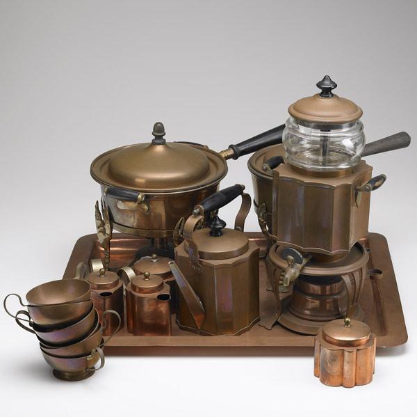 Appraisal: JOS HEINRICHS COPPER GROUPING Includes rectangular tray two chafing dishes