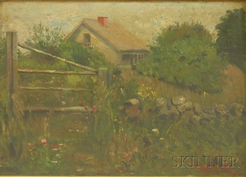 Appraisal: Framed Oil on Board Spring Landscape with a House indistinctly